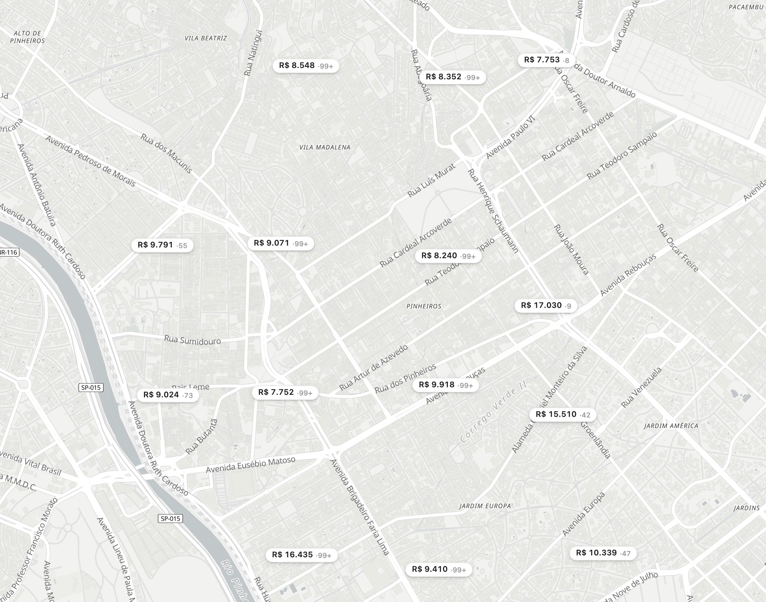 Mapa de São Paulo com o preço mediano do m² por prédio